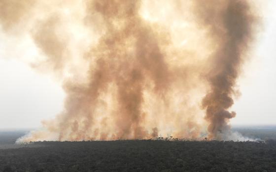 Smoke billows from a fire in August 2020 in an area of the Amazon jungle as it is cleared by loggers and farmers near Humaita, Brazil. (CNS photo/Reuters/Ueslei Marcelino)