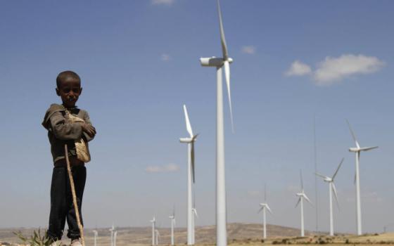 A boy is pictured in a file photo standing in front of wind turbines at the Ashegoda Wind Farm, near Mekele in Ethiopia's Tigray region. Congolese Cardinal Fridolin Ambongo Besungu said the climate crisis is holding back African development. (CNS photo/Kumerra Gemechu, Reuters)