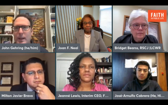 Panelists participate in an Oct. 14 webinar organized by Faith in Public Life titled "Protecting Democracy & Voting Rights: A Conversation With Catholic Activists." (NCR screenshot/YouTube/Faith In Public Life)