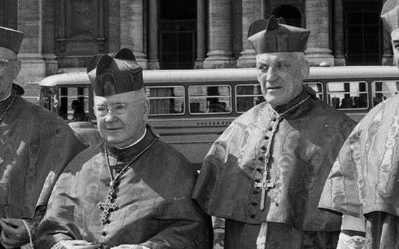 New York Cardinal Francis Spellman, left, and Boston Cardinal Richard Cushing in St. Peter's Square following a meeting of the second session of the Second Vatican Council in 1963 (CNS file photo)