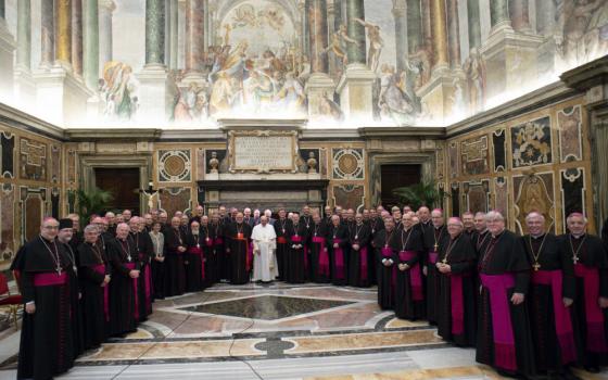 Pope Francis and the bishops of Germany pose for a photo after a meeting in the Clementine Hall of the Apostolic Palace Nov. 17, 2022, 