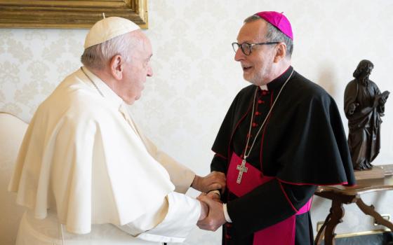 Pope Francis meets Archbishop Claudio Gugerotti in the library of the Apostolic Palace Oct. 7, 2022. Pope Francis named the archbishop prefect of the Dicastery for Eastern Churches Nov. 21. The archbishop had been the apostolic nuncio to Great Britain. (CNS photo/Vatican Media)