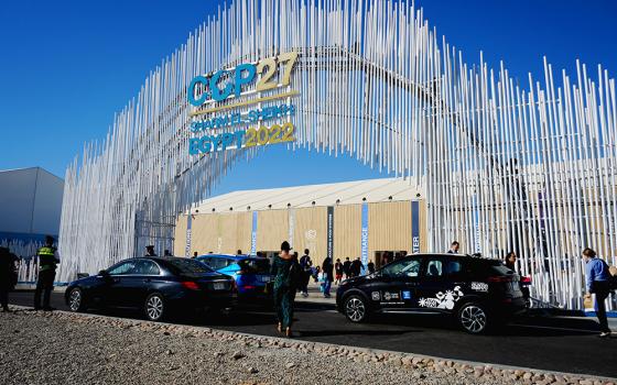 The main entrance of the Sharm el-Sheikh International Convention Centre where COP27, the annual United Nations climate conference, is taking place Nov. 6-18 (EarthBeat photo/Doreen Ajiambo)