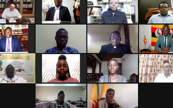 Pope Francis participates in Zoom dialogue with young people from across the African continent during the event "Building Bridges Across Africa: A Synodal Encounter between Pope Francis and University Students." (NCR screenshot)