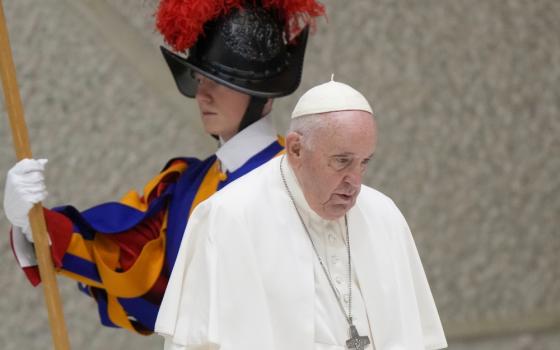 Pope Francis walks past a Vatican Swiss Guard