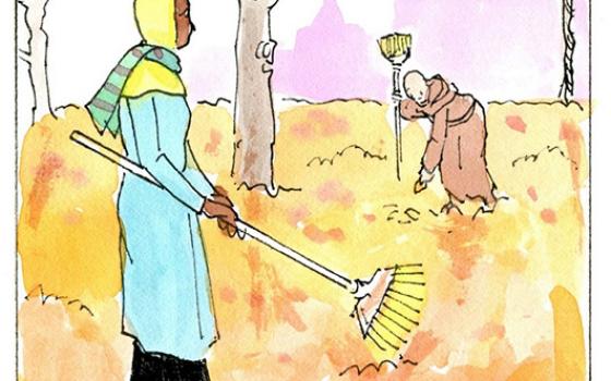 Francis, the comic strip: Happy Thanksgiving! Leo celebrates, even as he rakes leaves.