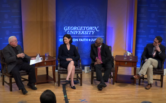 The Rev. Jim Wallis asks speakers Amanda Tyler, executive director of the Baptist Joint Committee for Religious Liberty, the Rev. Michael Curry, presiding bishop of the Episcopal Church, and Samuel Perry, associate professor of sociology at the University of Oklahoma a question at "How White Christian Nationalism Threatens Our Democracy" on Oct. 26. (NCR screenshot)