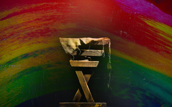 Illustration shows wooden structure against a rainbow background.