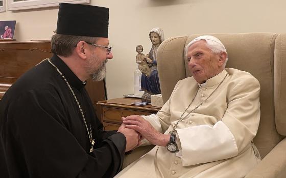 Ukrainian Archbishop Sviatoslav Shevchuk of Kyiv-Halych visits Nov. 9, 2022, with retired Pope Benedict XVI in the retired pope's residence, the Mater Ecclesia monastery in the Vatican Gardens. (CNS photo/courtesy Archbishop's Secretariat in Rome)