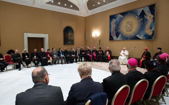 Pope Francis leads a meeting with the presidents and coordinators of the regional assemblies of the Synod of Bishops at the Vatican Nov. 28. Archbishop Timothy Broglio, president of the U.S. Conference of Catholic Bishops, attended the meeting. (CNS/Vatican Media)