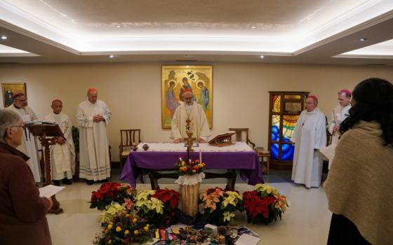 Cardinals and bishops stand behind a purple altar and poinsettia flowers to celebrate mass