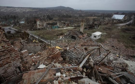 A destroyed Orthodox church is seen Dec. 8, 2022, in Bohorodychne, in the Donetsk region of Ukraine. (CNS/Reuters/Yevhen Titov)