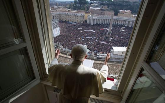 Pope Benedict XVI leads his last public Angelus from the window of his apartment overlooking St. Peter's Square at the Vatican Feb. 24, 2013.