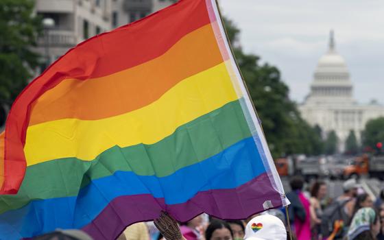 With the U.S. Capitol in the background, a person waves a rainbow flag as they participant in a rally in support of the LGBTQIA+ community at Freedom Plaza June 12, 2021, in Washington, D.C. (AP/Jose Luis Magana, File)