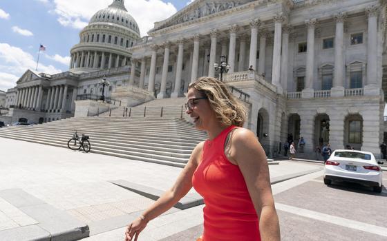 In June 2021, Arizona Sen. Kyrsten Sinema returns to the Capitol after a meeting with President Joe Biden at the White House in Washington. (AP/Alex Brandon, File)