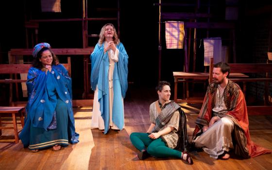 Charleigh E. Parker as Mary Magdalene, from left, Kristen Vaughan as Mary, Dani Martineck as Almelem and Nat Cassidy as Gestas in a 2018 production of "Almelem" at the Brick Theater in Brooklyn, New York. (Photo by Deborah Alexander)