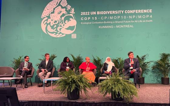 A panel of faith representatives take part in a discussion on the global state of biodiversity Dec. 7 at the COP15 United Nations biodiversity conference, in Montreal. (Faiths at COP15/Wesley Cocozello)