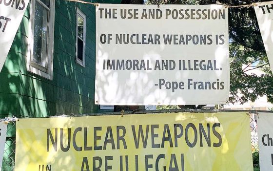 A house in Washington posts signs against nuclear weapons Sept. 27, 2021. (CNS/Tyler Orsburn)