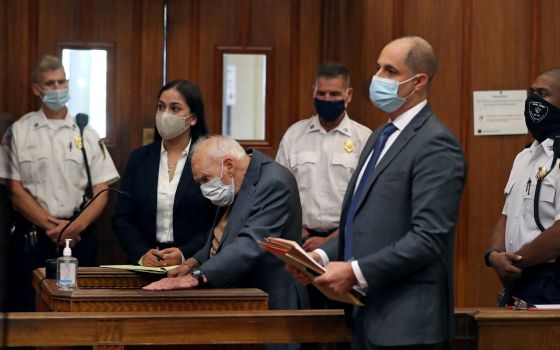 Former Cardinal Theodore E. McCarrick wears a mask during arraignment at Dedham District Court in Dedham, Mass., Sept. 3, 2021. (CNS photo/David L Ryan, Pool via Reuters)