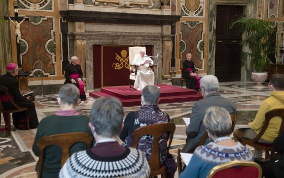 Pope Francis addresses leaders of the French Catholic Action movement during an audience at the Vatican Jan. 13, 2022.  (CNS photo/Vatican Media)