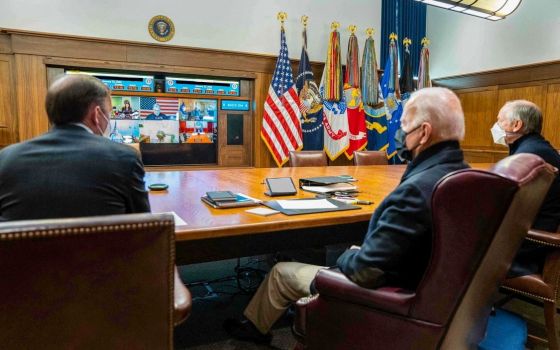 U.S. President Joe Biden holds a meeting with his national security team on the Russia-Ukraine crisis, at Camp David, Md., Jan. 22, 2022. (CNS photo/The White House/handout via Reuters) 
