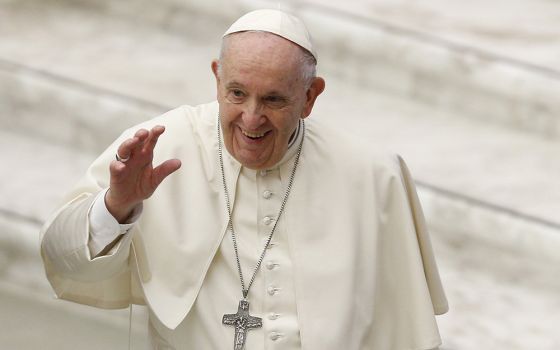 Pope Francis greets the crowd during his general audience in the Paul VI hall Jan. 26 at the Vatican. (CNS/Paul Haring)