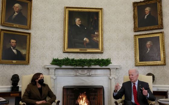 President Joe Biden and Vice President Kamala Harris are seen at the White House in Washington Feb. 1, 2022. (CNS photo/Leah Millis, Reuters)