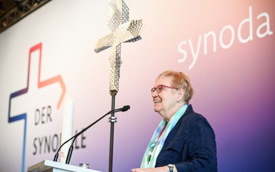 Maria Boxberg, theologian and spiritual director of the Synodal Path, speaks during the third Synodal Assembly in Frankfurt, Germany, Feb. 5, 2021. (CNS photo/Julia Steinbrecht, KNA).