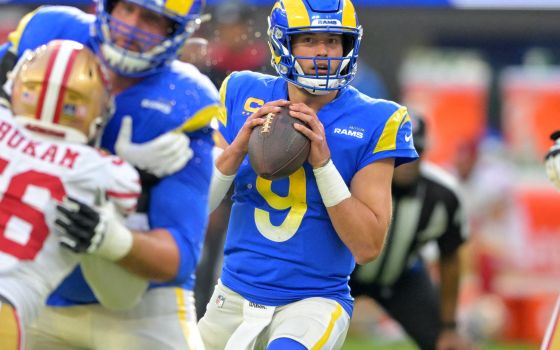 Los Angeles Rams quarterback Matthew Stafford sets to pass the ball in the first half of the game against the San Francisco 49ers at SoFi Stadium in Inglewood, Calif., Jan. 9, 2022. (CNS photo/Jayne Kamin-Oncea, USA TODAY Sports via Reuters)