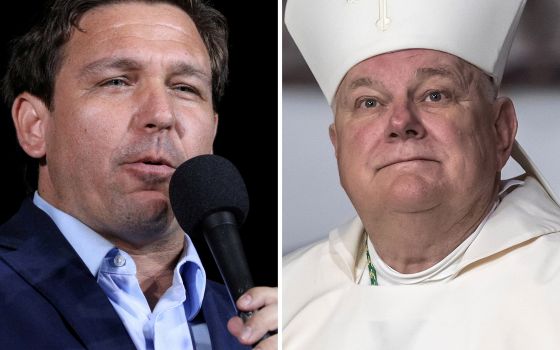Florida Gov. Ron Desantis and Archbishop Thomas G. Wenski of Miami are seen in this composite photo. (CNS composite; photos by Tom Brenner, Reuters; Stefano Dal Pozzolo)