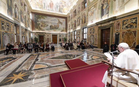 Pope Francis leads an audience with a group of musicians, actors, poets, painters, dancers, sculptors and architects at the Vatican Feb. 17, 2022. (CNS photo/Vatican Media)