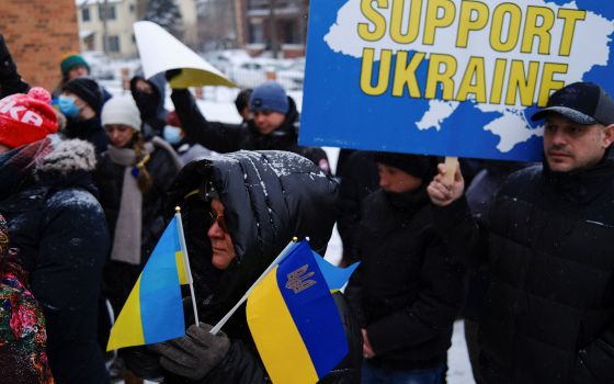 Ukraine supporters rally outside St. Constantine Ukrainian Catholic Church in Minneapolis Feb. 24, 2022, after Russia launched a massive military operation against Ukraine. (CNS photo/Stephen Maturen, Reuters)