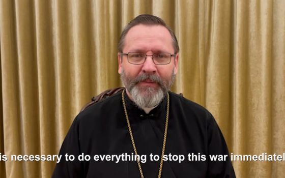 Archbishop Sviatoslav Shevchuk of Kyiv-Halych, head of the Ukrainian Catholic Church, speaks from Kyiv, Ukraine, in this still image from a video message released March 4, 2022. (CNS/Ukrainian Catholic Church)