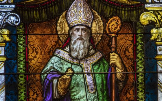 St. Patrick depicted in stained glass at St. Boniface Church in San Francisco. (CNS/Octavio Duran)