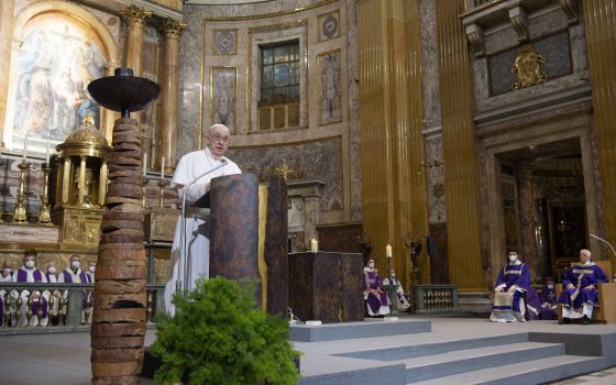 Pope Francis gives the homily during a Mass marking the 400th anniversary of the canonizations of Sts. Ignatius of Loyola, Francis Xavier, Teresa of Avila, Isidore of Madrid and Philip Neri, at the Jesuit Church of the Gesù in Rome March 12, 2022. (CNS ph