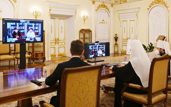 Russian Orthodox Patriarch Kirill of Moscow and Metropolitan Hilarion of Volokolamsk, head of external relations for the Russian Orthodox Church, participate in a video meeting with Pope Francis and Swiss Cardinal Kurt Koch