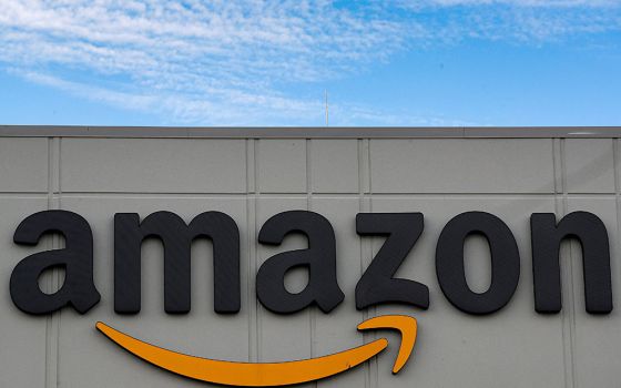 The Amazon logo is seen Nov. 25, 2020, in Staten Island, New York. (CNS/Reuters/Brendan McDermid)