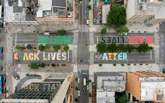 An aerial view of a "Black Lives Matter" mural is seen in the Harlem neighborhood of New York City July 7, 2020. (CNS/Reuters/Alon Sicherman)
