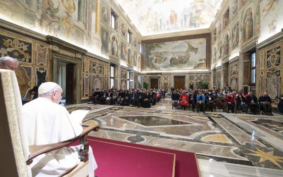 Pope Francis meets with members of the Italian Autism Foundation in the Vatican's Clementine Hall April 1, 2022, ahead of World Autism Awareness Day April 2. (CNS photo/Vatican Media)