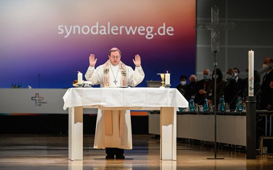 Bishop Georg Bätzing, president of the German bishops' conference, celebrates Mass during the third Synodal Assembly Feb. 4 in Frankfurt. (CNS/KNA/Julia Steinbrecht)