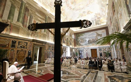Pope Francis speaks during an audience with members of the Trinitarian order in the Apostolic Palace at the Vatican April 25, 2022. (CNS photo/Vatican Media)