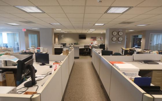 An empty Catholic News Service newsroom is pictured at the headquarters of the U.S. Conference of Catholic Bishops in Washington May 4, 2022. (CNS photo/Bob Roller)