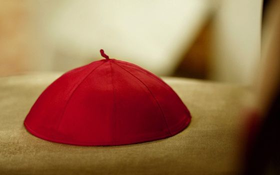 A cardinal's zucchetto, or skull cap, sits on a chair during an ordination Mass at St. Peter's Basilica. (CNS/Reuters/Paolo Cocco)