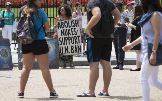Peace activists hold a Catholic prayer service of repentance near the White House Aug. 9, 2018, for the use of nuclear weapons on Japan during World War II. (CNS/Tyler Orsburn)
