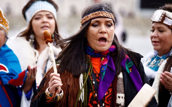 Women from Canada's First Nations are seen in St. Peter's Square after an audience with Pope Francis at the Vatican in April 1. (CNS/Reuters/Yara Nardi)