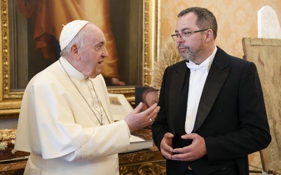 Pope Francis speaks with Andrii Yurash, Ukraine's ambassador to the Holy See, during a meeting for the ambassador to present his credentials to the pope at the Vatican in this April 7, 2022, file photo. (CNS photo/Vatican Media)