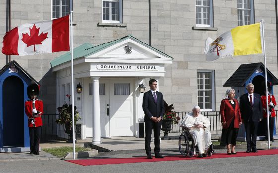 Pope Francis attends a welcoming ceremony with Canadian Prime Minister Justin Trudeau and Mary Simon, governor general, at Citadelle de Quebec, the residence of the governor general, in Quebec City July 27. (CNS/Paul Haring)