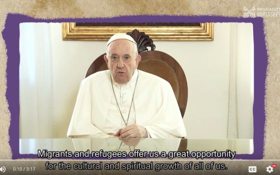 In this video message released July 28, 2022, Pope Francis launched a communications campaign sponsored by the Migrants and Refugees Section of the Dicastery for Promoting Integral Human Development. (CNS screenshot/Vatican Media)