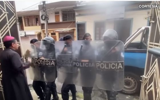 Bishop Rolando José Álvarez of Matagalpa, Nicaragua, is pictured in a screenshot from video at his residence in Matagalpa as riot police block the door. 
