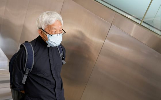 Cardinal Joseph Zen Ze-kiun, retired bishop of Hong Kong, arrives at West Kowloon Courts Oct. 15, 2020, to support pro-democracy activists who are facing charges related to an illegal vigil assembly commemorating the 1989 Tiananmen Square crackdown. (CNS 
